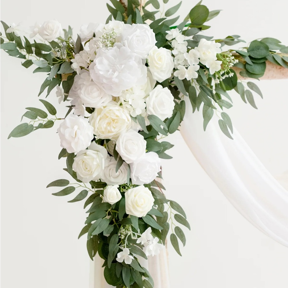 Ling’s Moment FLOWER ARCH DECOR WITH DRAPES IN WHITE & SAGE - Picture 2 of 10
